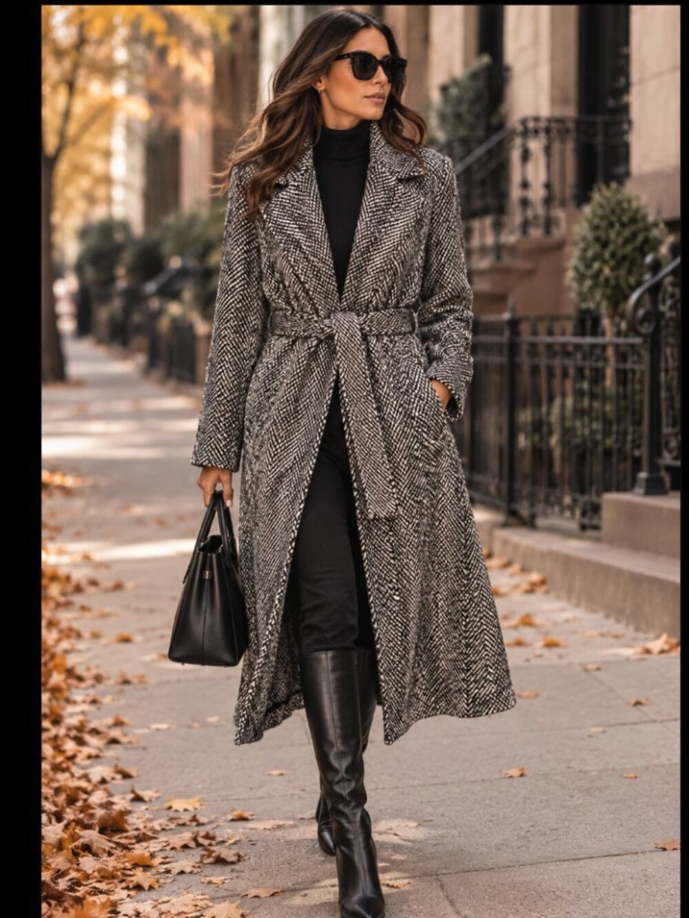 NWT Zara Long Coat Houndstooth XS Black White Gray Tie Front